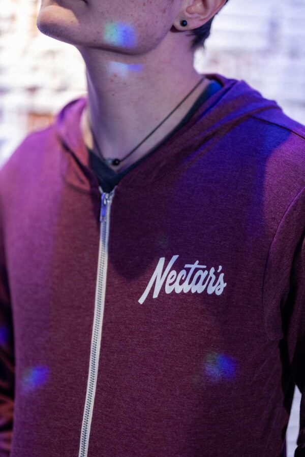 maroon zip up hoodie with Nectar's logo